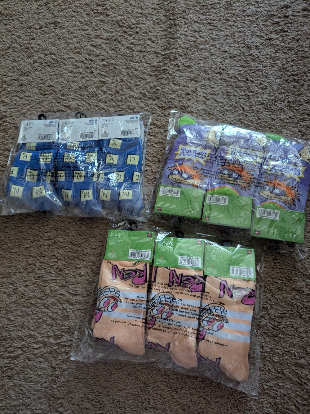 Nickelodeon Rugrats, Ren & Stimpy & Scrabble Socks Bundle -18 Pairs